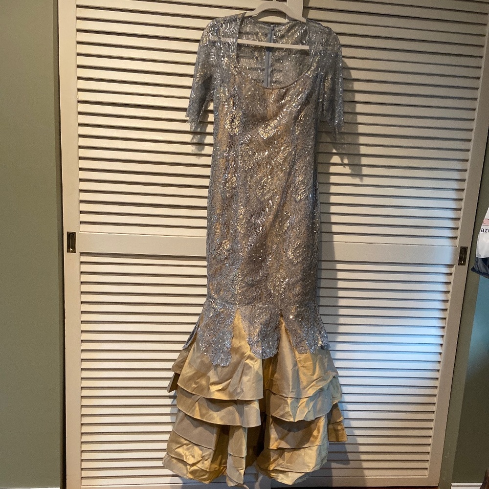 Vintage strapless blue/silver sequined Demetrios evening gown